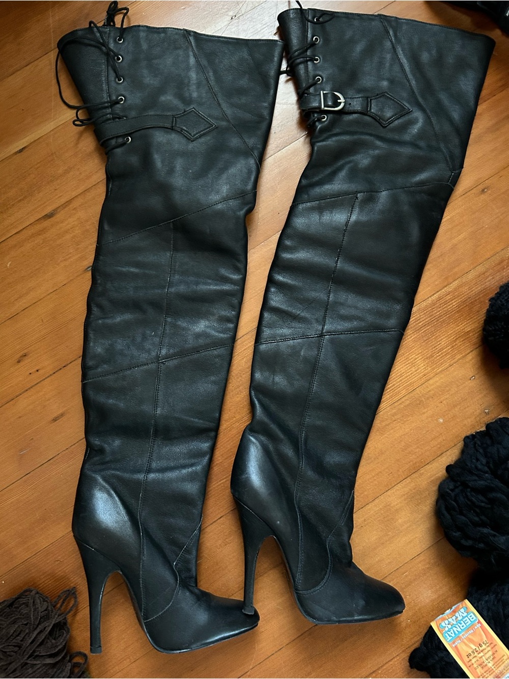 Pleaser Black Over-the-Knee Lace-Up Stiletto Boots with Buckle
